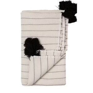 Via Seven 100% Cotton Throw Blanket‎ White Striped 55"x91"  Waffle Knit Tassels